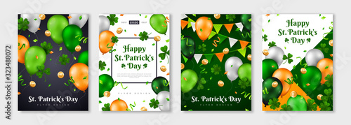 Saint Patrick's Day posters set with clover, gold coins, flying balloons and confetti. Vector illustration. Party Invitation Design, Typographic Template. Eat, Drink and Be Irish. Place for your text