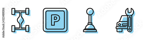 Set line Gear shifter, Chassis car, Parking and Car service icon. Vector