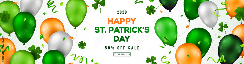 Fototapeta Saint Patrick's Day horizontal banner with irish colored balloons on white background. Confetti, clover and place for text. Vector illustration.
