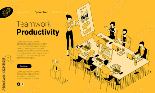 Flat design isometric landing page vector concept for teamwork effective cooperation. Flat design vector template for web banner, web page and mobile app.