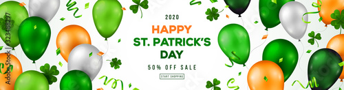 Fototapeta Saint Patrick's Day horizontal banner with irish colored balloons on white background. Confetti, clover and place for text. Vector illustration.
