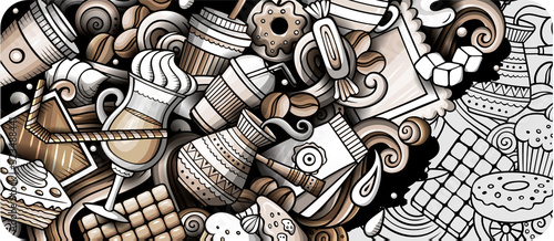 Coffee hand drawn doodle banner. Cartoon detailed flyer.