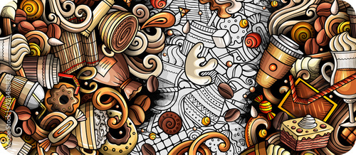 Coffee hand drawn doodle banner. Cartoon detailed flyer.
