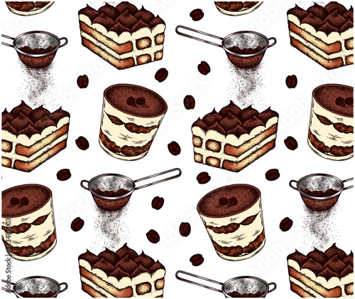 Sketch drawn pattern with italian dessert tiramisu, strainer with cocoa powder. Vintage engraved sweets, cupcake, coffee beans, mascarpone, savoiardi, chocolate. Retro wallpaper. Vector illustration.