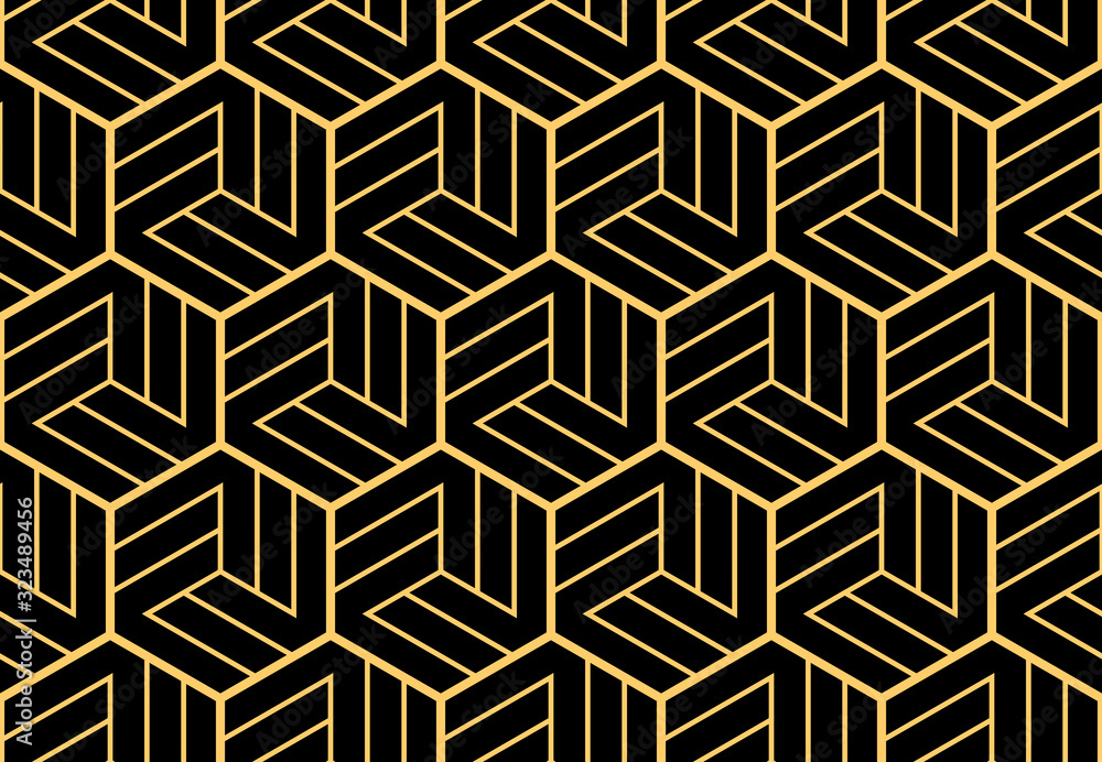 The geometric pattern with lines. Seamless vector background. Gold and black texture. Graphic modern pattern. Simple lattice graphic design