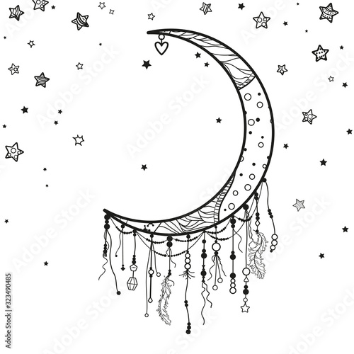 Dreamcatcher and many stars with abstract ornate patterns on isolation background. Black and white illustration