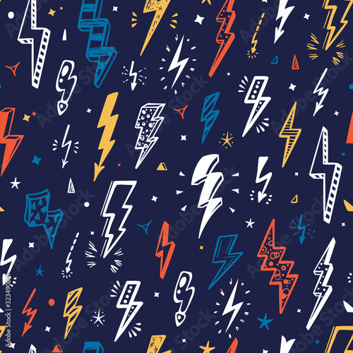 Vector Lightning Bolts Signs Seamless Pattern. Repeating Background with Hand Drawn Doodle Thunderbolts. Thunder bolt wallpaper