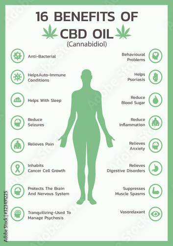sixteen health benefits of CBD oil or Cannabidiol, Cannabis infographic information concept, hemp. flat vector symbol icon illustration design