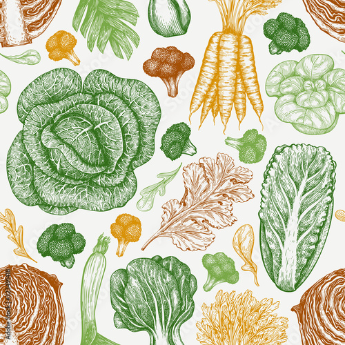 Hand drawn sketch vegetables. Organic fresh food vector seamless pattern. Retro vegetable background. Engraved style botanical illustrations.