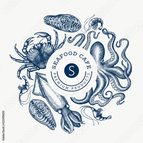 Seafood design template. Hand drawn vector seafood illustration. Engraved style food banner. Retro sea animals background photo