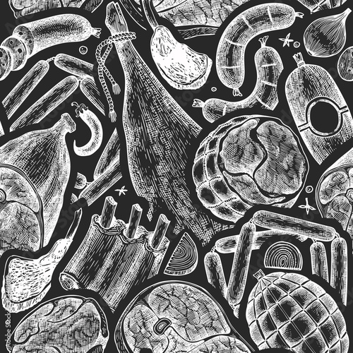 Vintage vector meat products seamless pattern. Hand drawn ham, sausages, jamon, steak, spices and herbs. Retro illustrations on chalk board. Can be use for label, restaurant menu.