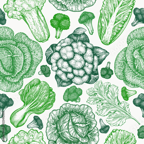 Hand drawn sketch vegetables. Organic fresh food vector seamless pattern. Retro vegetable background. Engraved style botanical illustrations.