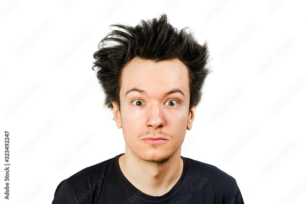 shaggy guy with long hair looks in camera, on isolated white background. shaggy guy with long hair looks in camera, on isolated white background.
