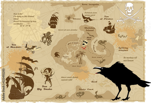 raven and pirate treasure map