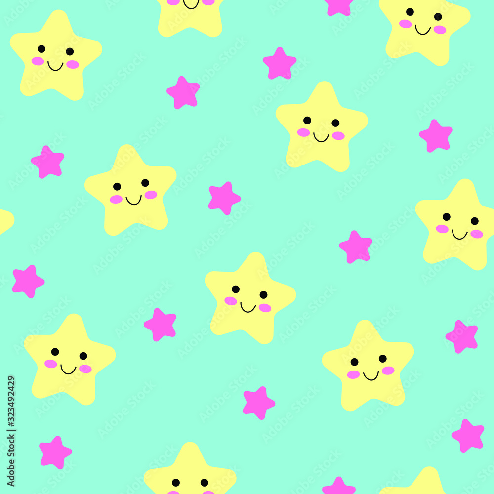 Stars seamless pattern with pastel Blue background. Kids cute happy, smile cartoon with pastel pink and yellow stars for baby. Vector illustration