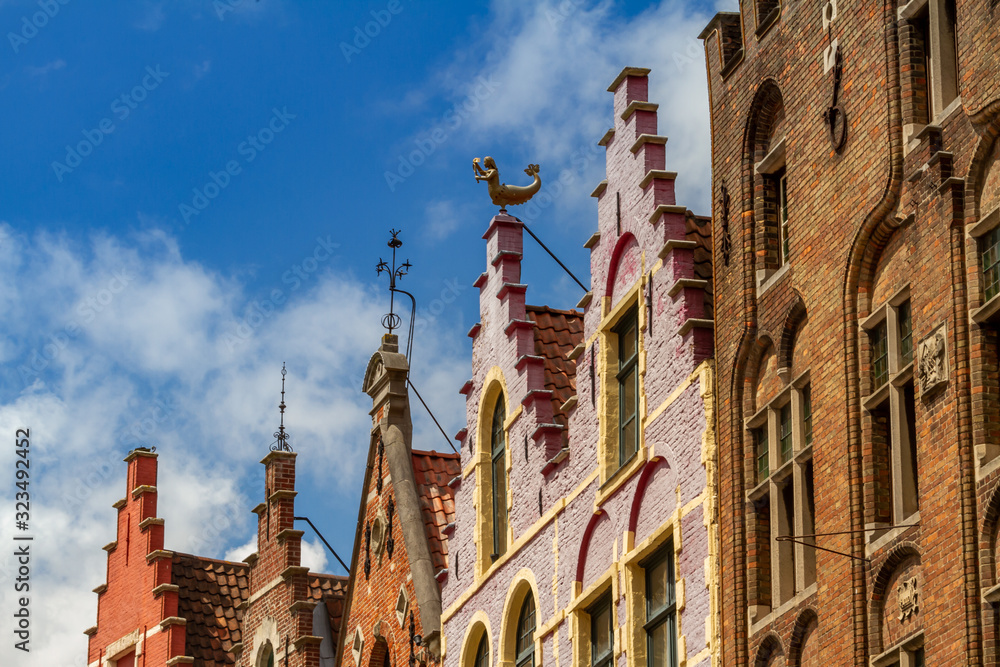 Typical rooftops of the ancient houses in Bruges (Belgium, Europe)