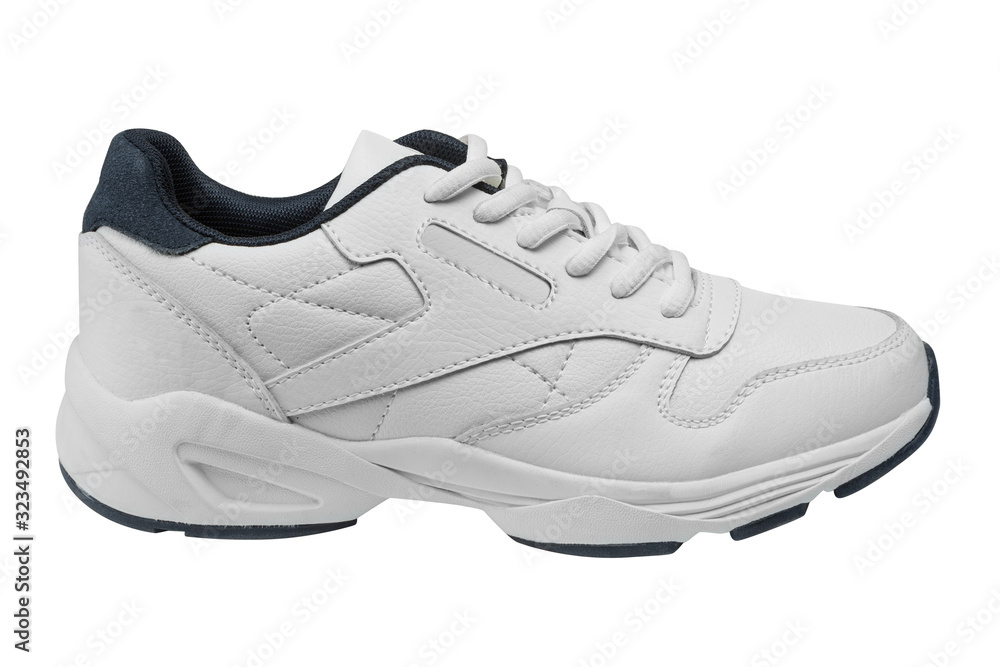 white leather sneaker with a thick sole, on a white background white leather sneaker with a thick sole, on a white background