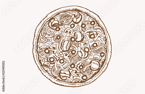 Graphical vintage sketch of pizza, sepia illustration