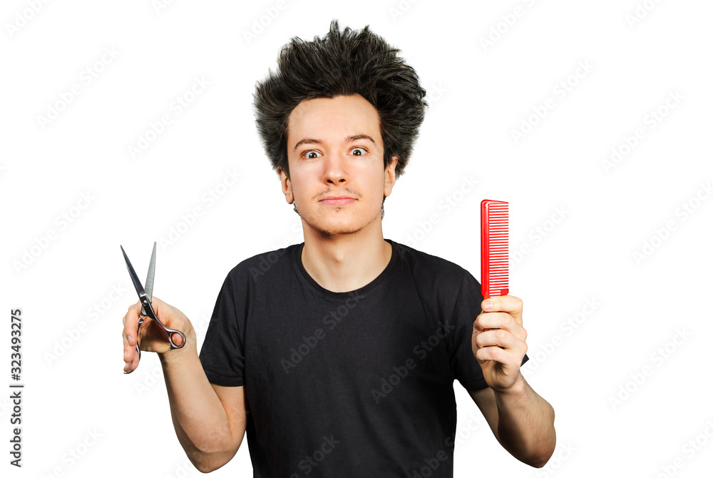 long hair guy hold scissors and comb on a white isolated background long hair guy hold scissors and comb on a white isolated background