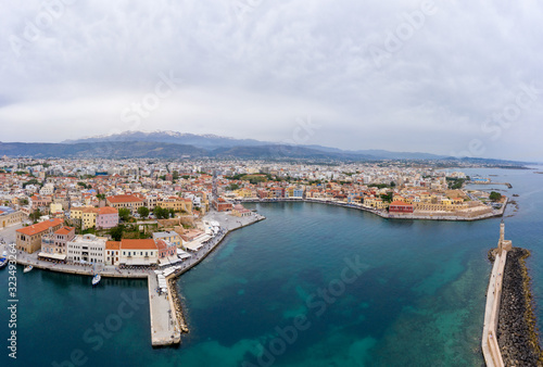 Panoramic aerial view from above of the city of Chania  Crete island  Greece. Landmarks of Greece  beautiful venetian town Chania in Crete island. Chania  Crete  Greece.