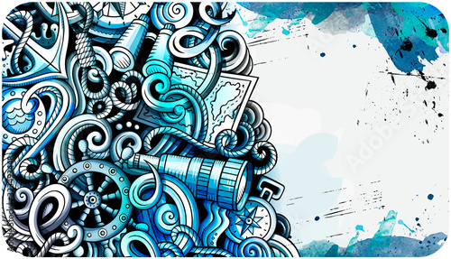 Nautical hand drawn doodle banner. Cartoon detailed flyer.