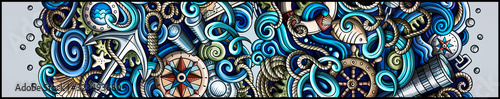 Nautical hand drawn doodle banner. Cartoon detailed flyer.