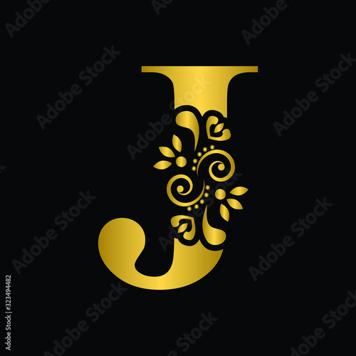 Gold letter J. Vintage golden flower ornament initial letters.  Alphabet. Logo vector 