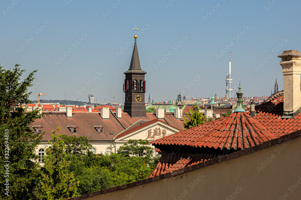 Prague. Tiled roofs. Sunny summer day