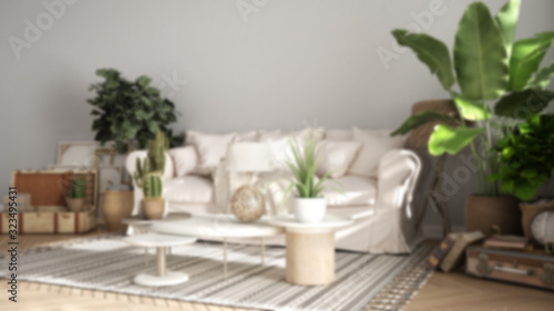 Blur background interior design, old style living room, sofa, carpet and pillows, tables with decors and potted plants, carpet, retro architecture concept with copy space © ArchiVIZ