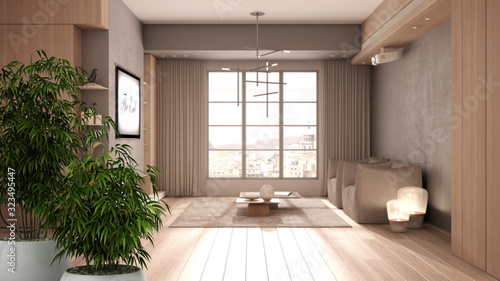 Zen interior with potted bamboo plant  natural design concept  minimalist living room in beige tones  wooden and concrete details  window  curtains  parquet  interior design concept