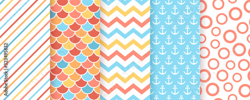 Scrapbook pattern. Vector. Seamless background. Cute textures with circles, stripes, zigzag, fish scale and anchors. Set chic packing paper. Trendy print for scrap design. Modern Color illustration.