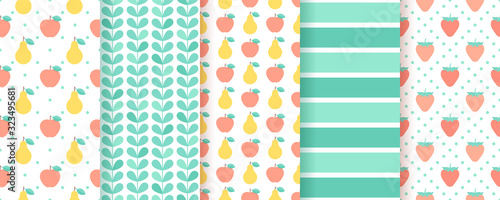 Scrapbook background. Vector. Seamless pattern for scrap design. Cute chic print with stripes, apples, pears, leaves. Trendy summer texture. Paper pack. Color illustration. Geometric backdrop