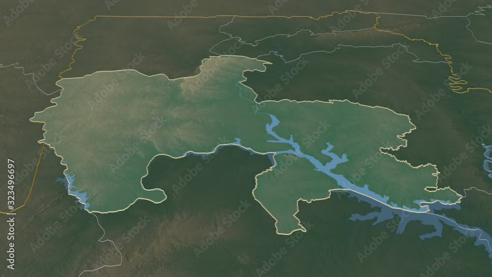Savannah, region with its capital, zoomed and extruded on the relief map of Ghana in the conformal Stereographic projection. Animation 3D Savannah, region with its capital, zoomed and extruded on the relief map of Ghana in the conformal Stereographic projection. Animation 3D