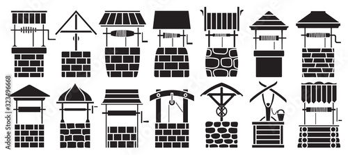Water well vector black set icon.Vector illustration wooden and stones wellspring on white background . Isolated black set icon water well.