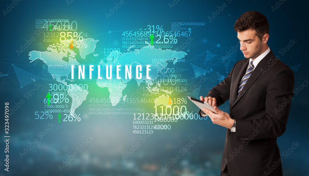 Businessman in front of a decision with INFLUENCE inscription, business concept Businessman in front of a decision with INFLUENCE inscription, business concept