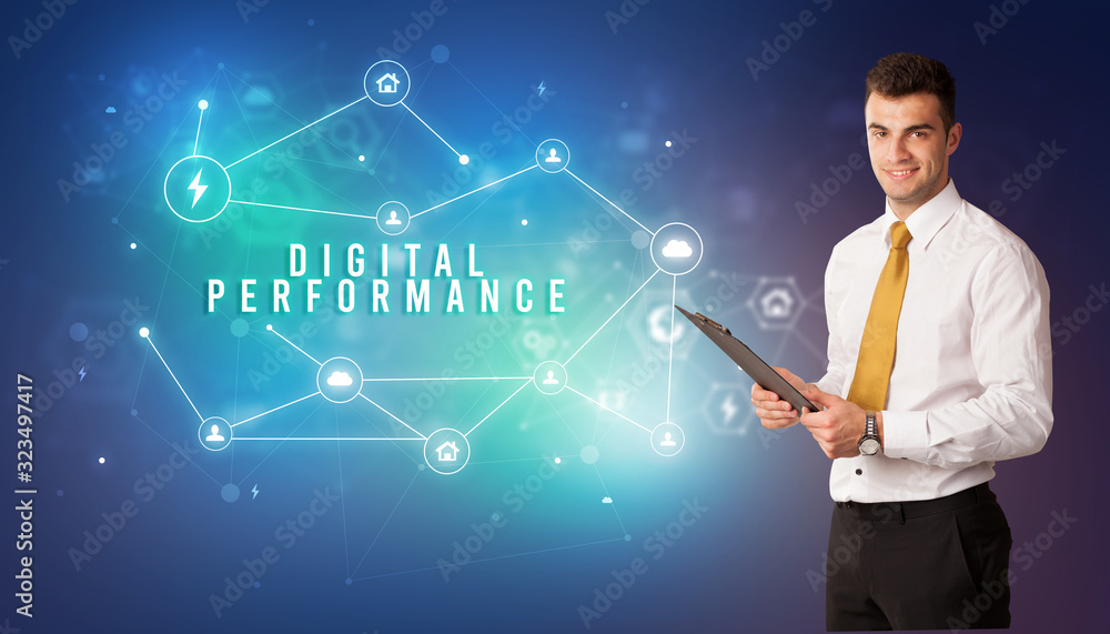 Businessman in front of cloud service icons with DIGITAL PERFORMANCE inscription, modern technology concept Businessman in front of cloud service icons with DIGITAL PERFORMANCE inscription, modern technology concept
