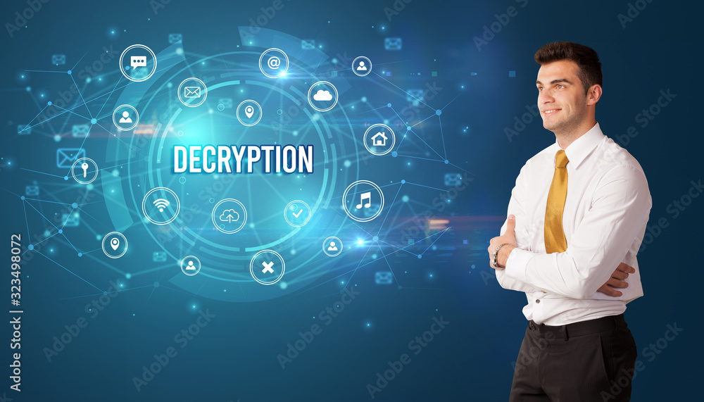 Businessman thinking in front of technology related icons and DECRYPTION inscription, modern technology concept Businessman thinking in front of technology related icons and DECRYPTION inscription, modern technology concept