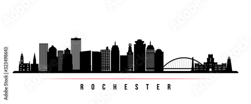 Rochester skyline horizontal banner. Black and white silhouette of Rochester, New York. Vector template for your design.