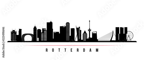 Rotterdam skyline horizontal banner. Black and white silhouette of Rotterdam, Netherlands. Vector template for your design.