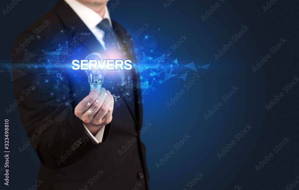 Businessman holding light bulb with SERVERS inscription, innovative technology concept Businessman holding light bulb with SERVERS inscription, innovative technology concept