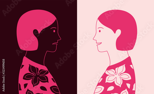 Profile portrait of happy young woman opposite an unhappy version of herself. Conceptual illustration representing mood changes