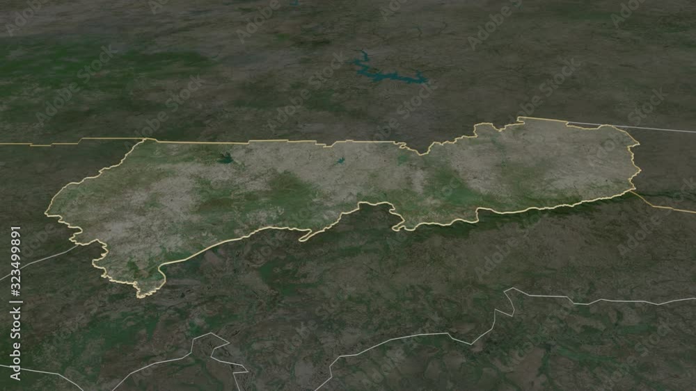 Upper East, region with its capital, zoomed and extruded on the satellite map of Ghana in the conformal Stereographic projection. Animation 3D Upper East, region with its capital, zoomed and extruded on the satellite map of Ghana in the conformal Stereographic projection. Animation 3D
