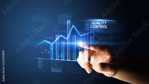 Hand touching QUALITY CONTROL button, business concept