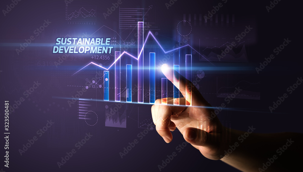 Hand touching SUSTAINABLE DEVELOPMENT button, business concept Hand touching SUSTAINABLE DEVELOPMENT button, business concept