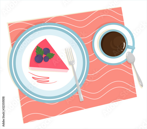 Morning breakfast with coffee and cake. Vector illustration in cartoon flat style. Plate with cake and a cup of coffee.