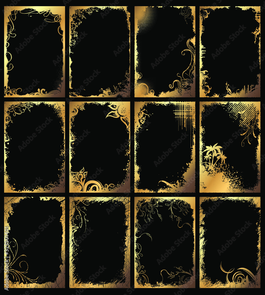 Fototapeta premium Set of golden grunge floral frames on a black background.