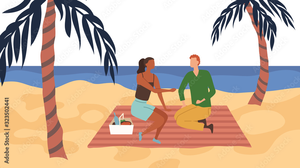 Dating Concept. Couple In Love Have A Picnic On The Coast. People Communicate, Eat, Spend Time Together, Enjoying the Sunset On the Palm Beach By the Sea. Cartoon Flat style. Vector illustration