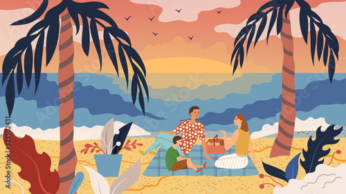 Family Time Concept. People Have A Picnic On The Coast. Father Mother And Son Have Fun, Eat, Enjoy the Sunset On the Beach Between Two Palm Trees By the Sea. Cartoon Flat style. Vector illustration