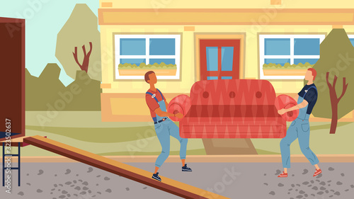 Moving and Real Estate Concept. Moving Service Workers In Coveralls are Unloading the Furniture From Moving Service Truck. Moving Process Into a New House. Cartoon Flat Style. Vector illustration