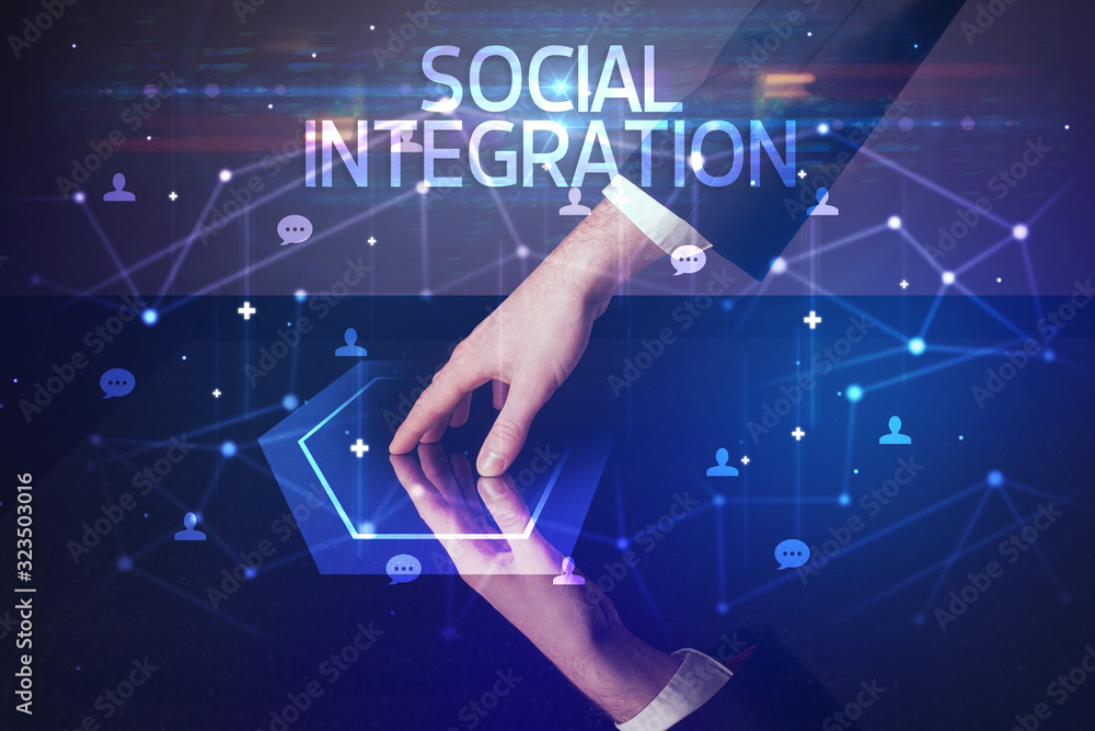 Navigating social networking with SOCIAL INTEGRATION inscription, new media concept Navigating social networking with SOCIAL INTEGRATION inscription, new media concept